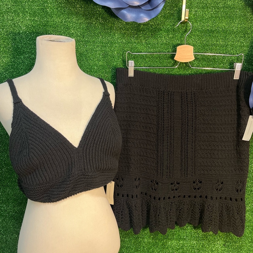 Anthropologie Black Crochet 2 Piece Skirt Set Size XL